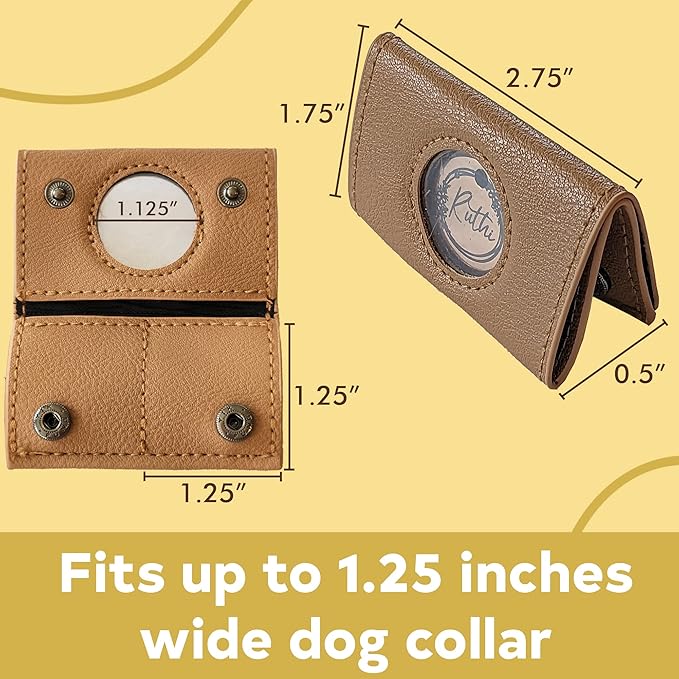 Dog Collar ID Holder - Dog Tag Silencer - No Noise Dog Tag Pouch for Dog Collar - Dog ID Tag Protector - Pockets for Dog accessories, Rabies Tags, Poop bags - Slide on Dog ID - Pet tag (Camel)