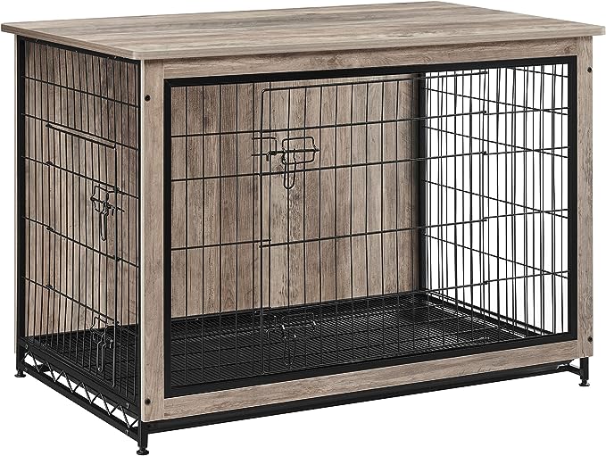 Feandrea Dog Crate Furniture, Side End Table, Modern Kennel for Dogs Indoor up to 80 lb, Heavy-Duty Dog Cage with Multi-Purpose Removable Tray, Double-Door Dog House, Greige UPFC004G01