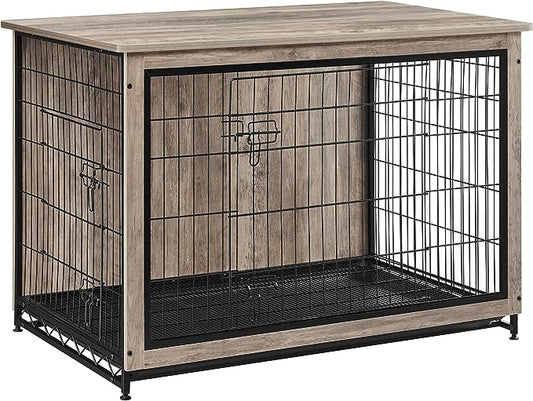 Feandrea Dog Crate Furniture, Side End Table, Modern Kennel for Dogs Indoor up to 80 lb, Heavy-Duty Dog Cage with Multi-Purpose Removable Tray, Double-Door Dog House, Greige UPFC004G01