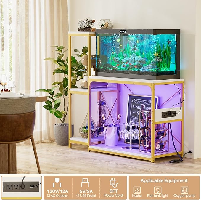 20-29 Gallon Fish Tank Stand with Power Outlet & LED Light, Reversible Wood Aquarium Stand with Shelves for Fish Tank Accessories Storage, Metal Frame, Reptile Terrarium Stand, White and Gold