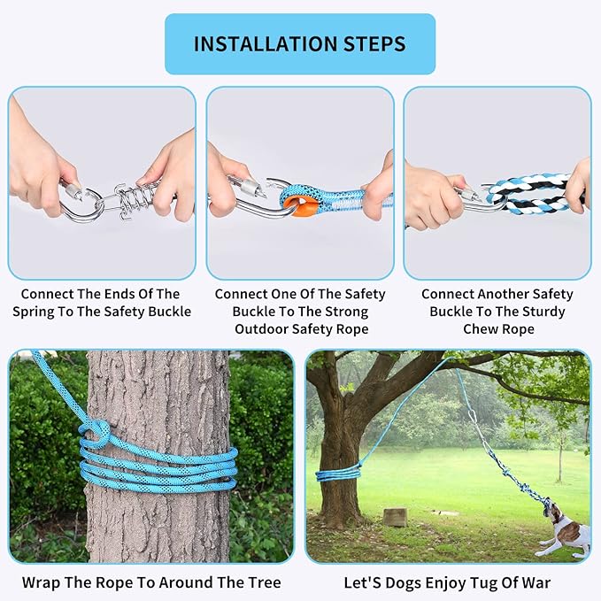 LOOBANI Dog Spring Pole Toy for Pitbull, Outdoor Durable Hanging Rope Tug Toys for Exercise & Muscle Building & Bite Training, Interactive Tug of War Game for Medium to Large Breeds Solo Play(Blue)