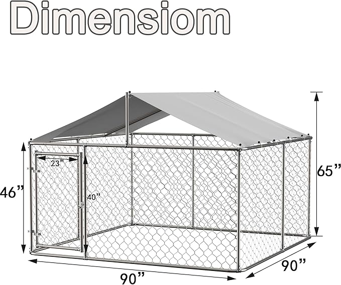 Dog Kennel Outdoor Dog House, Large Heavy Duty Dog Cage w/Waterproof Cover, Galvanized Steel Dog Fence House w/Secure Lock, Anti Rust Dog Enclosure Playpen for Backyard,90 x 90 x 65 in