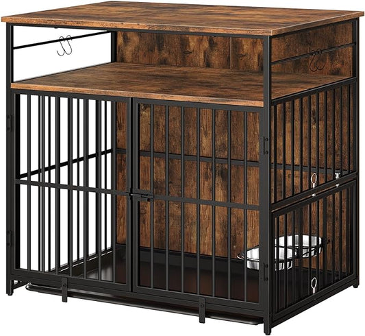 Large Dog Crate Furniture, 38.6" Heavy Duty Dog Kennel with Bowls & Storage Shelf, Wooden Dog Cage End Side Table for Small/Medium/Large Dogs, Chew-Resistant, Rustic Brown DCHR10901