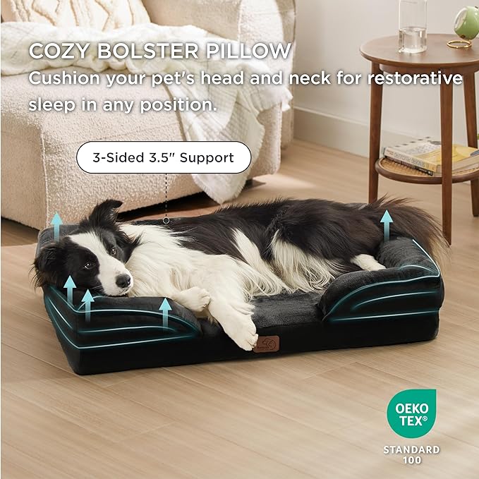 Bedsure Orthopedic Dog Bed for Large Dogs - Big Washable Dog Sofa Beds Large, Supportive Foam Pet Couch Bed with Removable Washable Cover, Waterproof Lining and Nonskid Bottom, Black