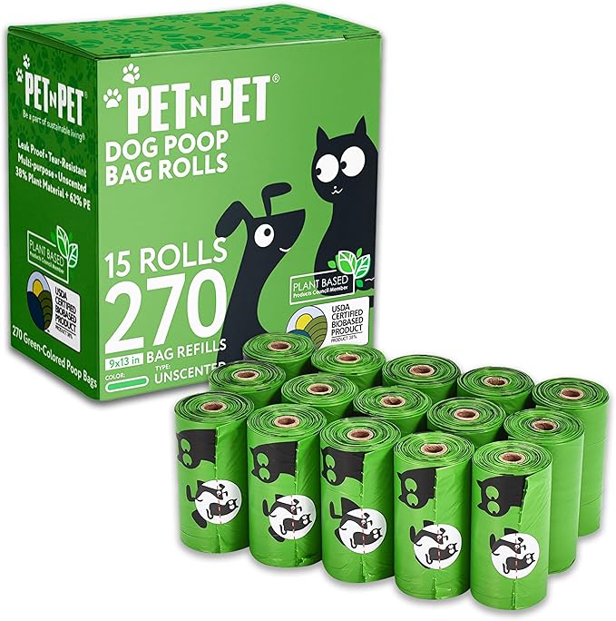 Pet N Pet Poop Bags For Dogs 270 Counts, 38% Plant Based & 62% PE Dog Poop Bags Rolls, Unscented Dog Bags, Green Doggie Poop Bags, Dog Waste Bags, Cat Litter Bags, Cat Poop Bags, Pet Supplies for Dogs