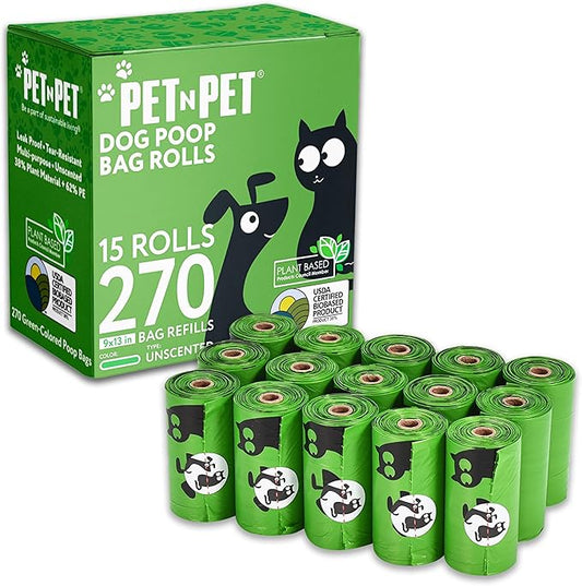 Pet N Pet Poop Bags For Dogs 270 Counts, 38% Plant Based & 62% PE Dog Poop Bags Rolls, Unscented Dog Bags, Green Doggie Poop Bags, Dog Waste Bags, Cat Litter Bags, Cat Poop Bags, Pet Supplies for Dogs