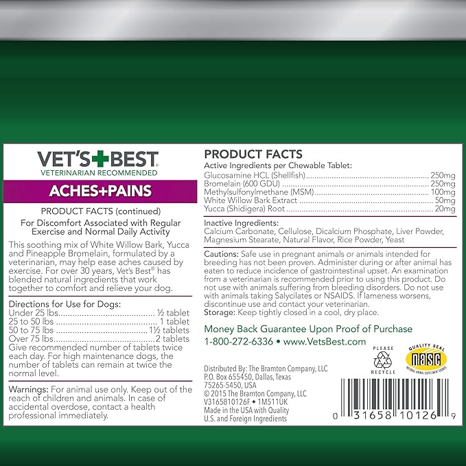 Vet’s Best Aches + Pains Dog Supplement - Vet Formulated for Dog Occasional Discomfort and Hip and Joint Support - 150 Count (Pack of 1)