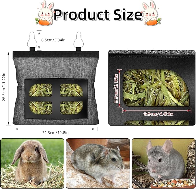 Bunny Hay Feeder,Rabbit Hay Feeder Bag, Bunny Hay Bag for Rabbits,Rabbit Hay Feeder Fabric Bag,Hay Feeder Storage Bag,4 Holes Fabric Hanging Hay Feeder Bag for Small Animal,Hay Guinea Pig(Gray)