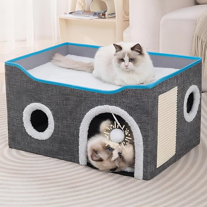 Cat Houses for Indoor Cats - Large Cat Bed Cave for Cat House with Scratch Pad and Fluffy Ball, Foldable Cat Hideaway with Reversible Cushion Cat Condo, Grey