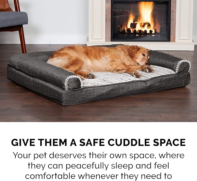 Furhaven Orthopedic Dog Bed for Large Dogs w/ Removable Bolsters & Washable Cover, For Dogs Up to 95 lbs - Luxe Faux Fur & Performance Linen Sofa - Charcoal, Jumbo/XL
