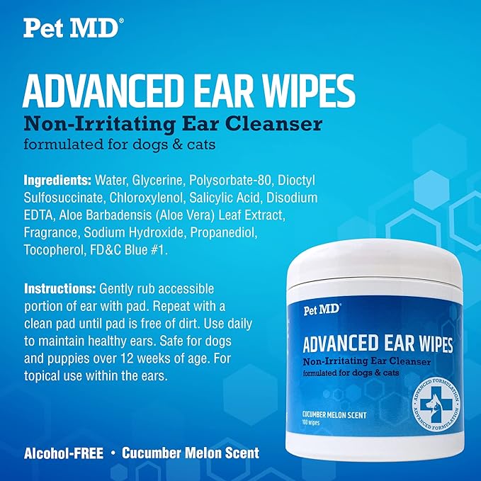 Pet MD Advanced Otic Ear Cleaner Wipes for Cats and Dogs - Veterinary Formula Treats Ear Infections - 100 Count