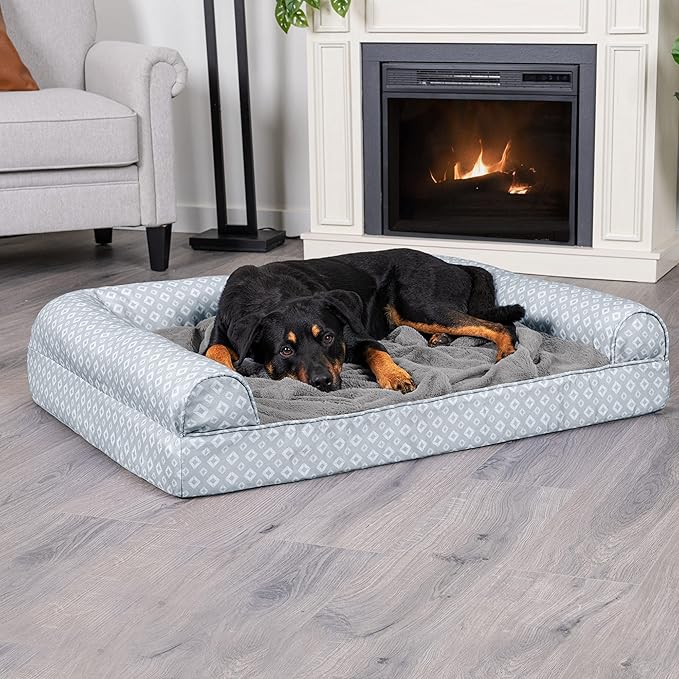 Furhaven Cozy Orthopedic Dog Bed for Large Dogs w/ Removable Bolsters & Washable Cover, For Dogs Up to 95 lbs - Plush & Diamond Print Nest Top Sofa - Gray, Jumbo/XL