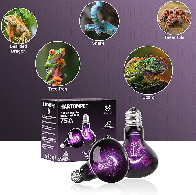 75W Reptile Night Light Bulb, UVA Heat Lamp - Simulate Natural Moonlight, Purple Basking Lamp for Bearded Dragon, Lizard, Snake, Chameleon, Turtle, and Amphibians, Ideal for Aquariums Tanks