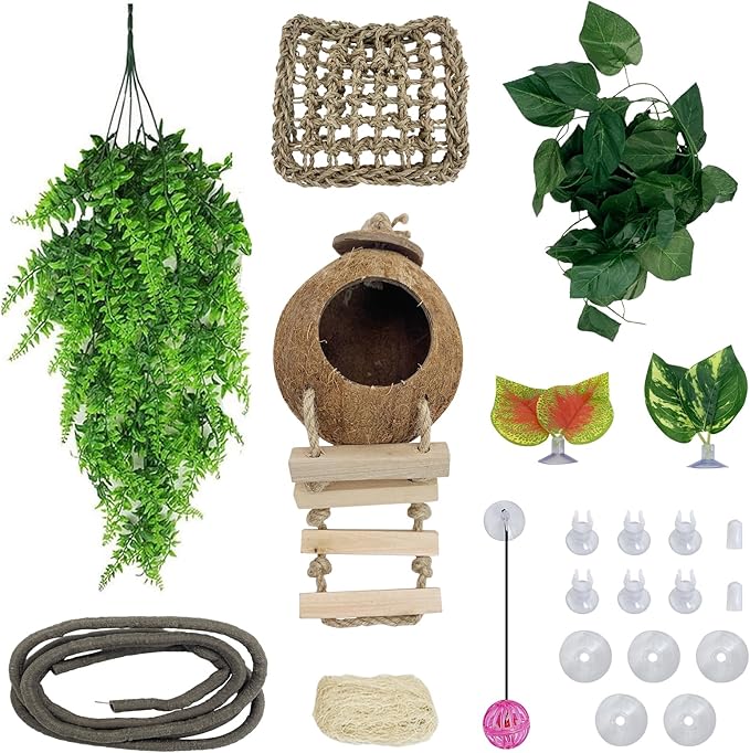 Hamiledyi Crested Gecko Tank Accessories,Reptile Vines Plants with Coconut Shell Ladder Hideout Hut Hermit Crab Decor Hammock for Bearded Dragon Lizard Chameleon Tortoise Snake Play Rest