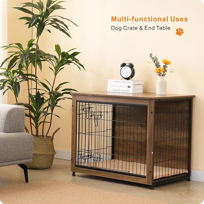 DWANTON Dog Crate Furniture with Cushion, Wooden Dog Crate with Double Doors, Dog Furniture, Indoor Dog Kennel，End Table, Medium, 32.5" L, Warm Brown