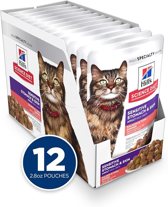 Hill's Science Diet Sensitive Stomach & Skin, Adult 1-6, Stomach & Skin Sensitivity Support, Wet Cat Food, Salmon & Tuna Stew, 2.8 oz Can, Case of 24