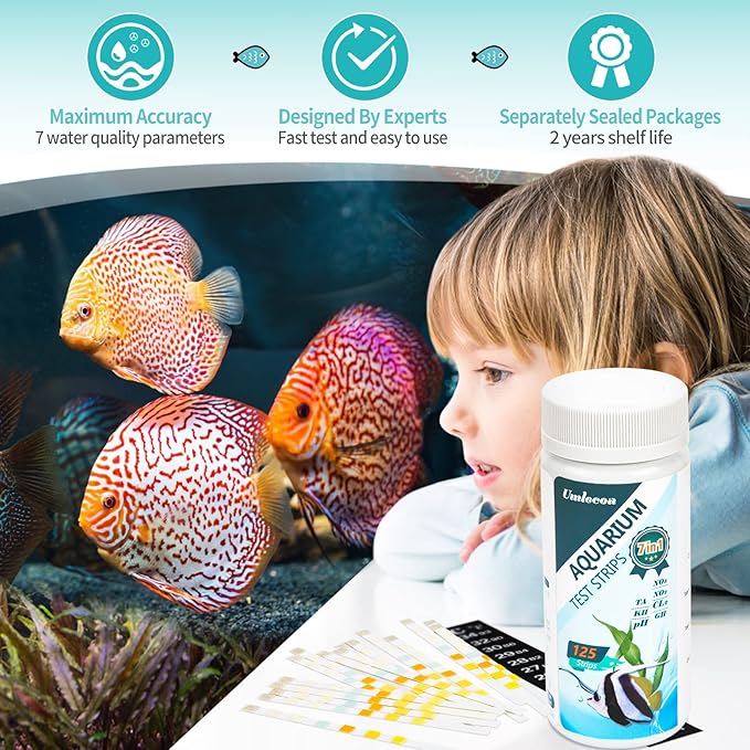 7 in 1 Aquarium Test Kit for Freshwater and Saltwater - 125 Aquarium Test Strips with Test Tube & Thermometer - Fast & Accurate Water Testing Strips for Aquarium/Pond/Pool