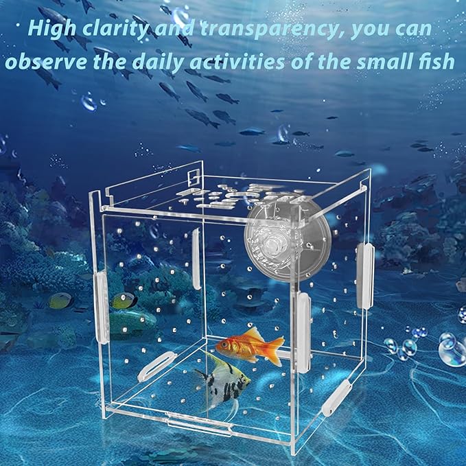 PINVNBY Acrylic Fish Breeding Box，Guppy breeding Box Acrylic Fish Isolation Box Aquarium Incubator with Suction Cups for Guppy Shrimp Small Baby Fishes（3.9 * 3.9 * 3.9 in）