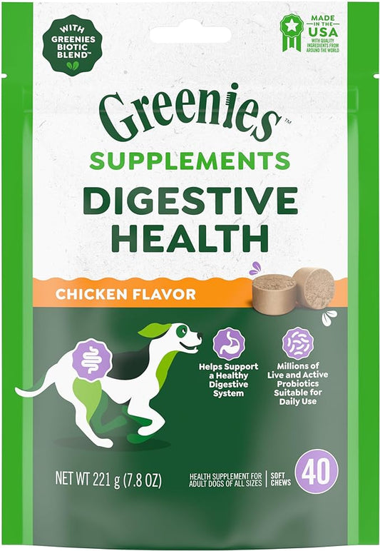 Greenies Supplements Digestive Health Probiotics for Dogs Chicken Flavor, 40 Count Soft Chews Dog Probiotics, 7.8 oz. Pouch