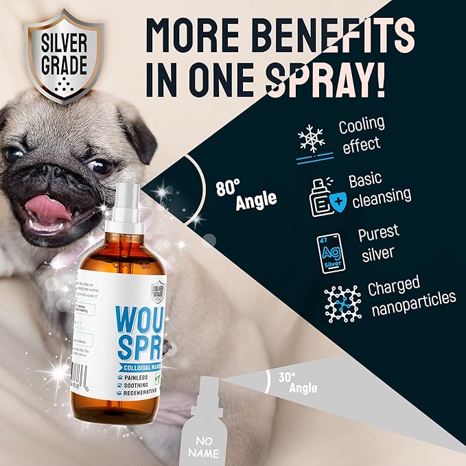 Wound Spray for Pets ● Colloidal Silver Wound and Skin Care for Dogs & Cats ● Helps with Rashes, Hot Spots, Itch, Scratching, Skin Irritation, Bites & Burns ● Safe if Licked (4 oz)