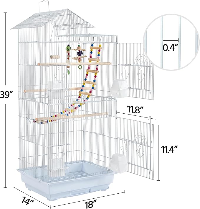 Yaheetech 39-inch Roof Top Medium Parakeet Bird Cages for Cockatiels Conures Finches Budgies Canaries Lovebirds Parakeets Green Cheek Small Birds Parrots, Travel Flight Birdcage w/Toys, White