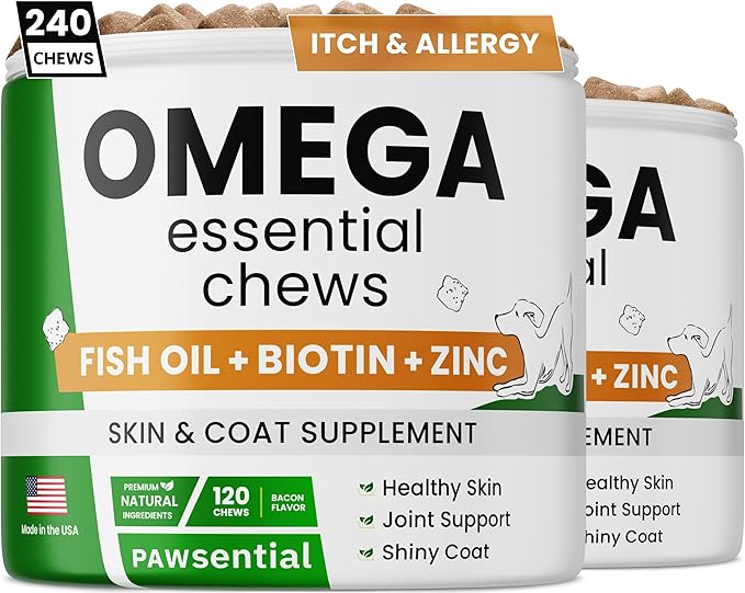 Omega 3 for Dogs - for Dry Itchy Skin - Fish Oil Chews - Skin & Coat Supplement - Itch Relief, Allergy, Anti Shedding, Hot Spots Treatment - w/EPA & DHA - Vitamins - Made in USA - Bacon - 240 Treats