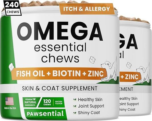 Omega 3 for Dogs - for Dry Itchy Skin - Fish Oil Chews - Skin & Coat Supplement - Itch Relief, Allergy, Anti Shedding, Hot Spots Treatment - w/EPA & DHA - Vitamins - Made in USA - Bacon - 240 Treats