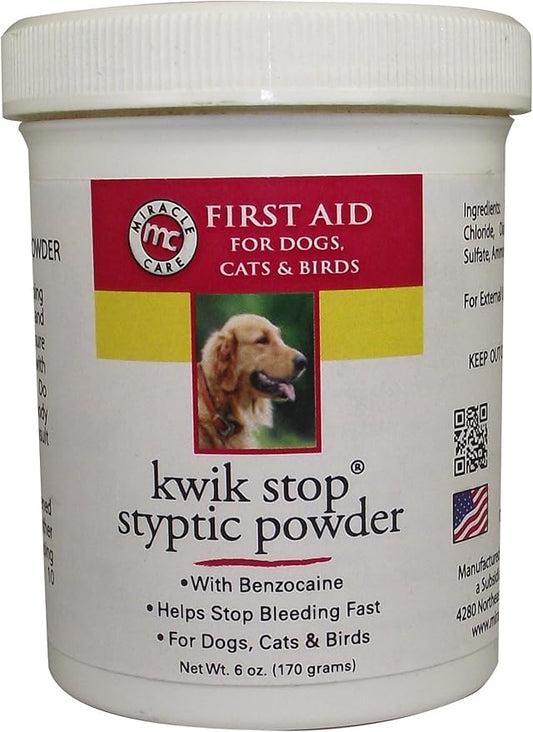 Kwik Stop Styptic Powder For Dogs, Cats, and Birds, Fast-Acting Blood Stop Powder For Pets, Quick Stop Bleeding Powder For Dog Nail Clipping, Minor Cuts, Grooming, 6.0 oz.