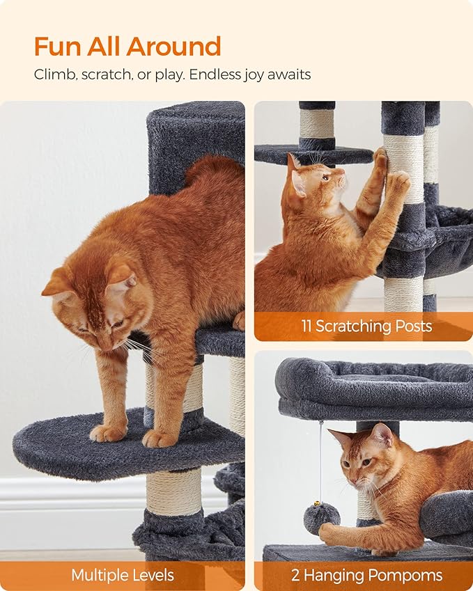 Feandrea Cat Tree, 44.1-Inch Cat Tower for Indoor Cats, Multi-Level Cat Condo with 11 Scratching Posts, 2 Perches, Cave, Hammock, Smoky Gray UPCT215G01