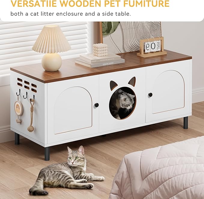 YITAHOME Cat Litter Box Enclosure for 2 Cats, Hidden Litter Box Furniture with Double Rooms, Scratching Pad, Pompom,Hanging Hooks, Wooden Cat House, 47.2" L x17.7 W x20.4 H, White and Rustic Brown