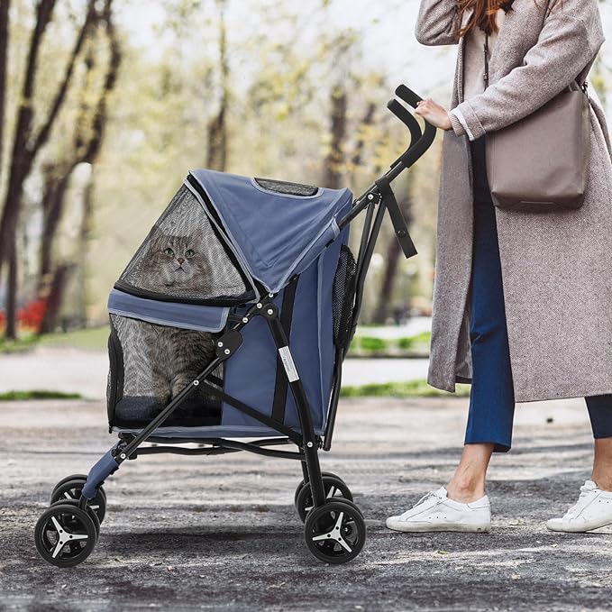MoNiBloom 4 Wheels Pet Stroller, Easy-Fold Puppy Cage Jogger Stroller with Sun Cover, Pad and Rear Storage Bag, Breathable and Visible Mesh for Small/Medium Pets up to 22 lbs, Navy Blue