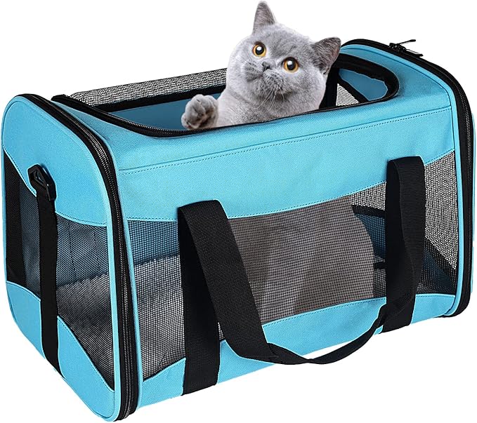 Cat Carrying Case - Pet Carrier Airline Approved, Protable and Breathable Pet Travel Carrier Removable Fleece Pad, Collapsible Cat Carrier Dog Carrier for Medium Cats Small Cats Dogs(X-Large, Blue)