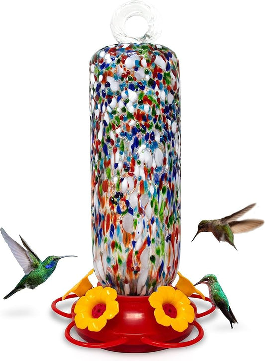 Superior Effect Hand Blown Glass Hummingbird Feeder, Flower Design 5 Bird Feeding Station, Garden Backyard Decorative, Containing Ant Moat Multicolor Easy Setup Bird Feeder, SE-0002