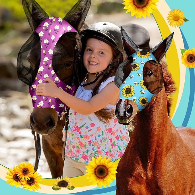 Frienda 4 Pieces Horse Fly Masks for Horses Horse Fly Mask with Ears Face Covering Elasticity Smooth and Comfortable Horse Mask with UV Protection(Medium, Flower)