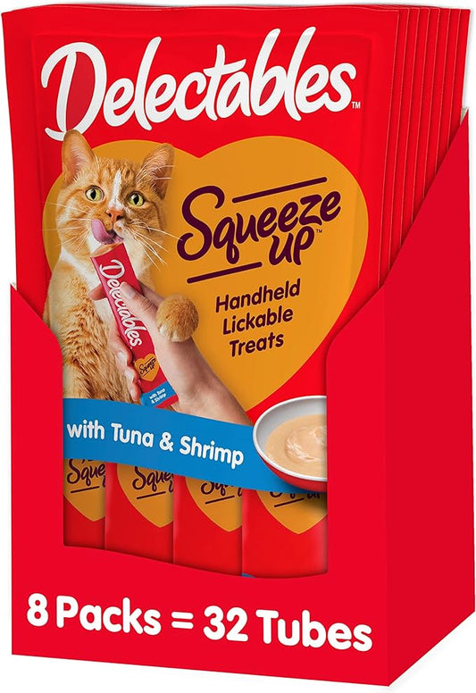 Hartz Delectables Squeeze Up Interactive Lickable Wet Cat Treats for Adult & Senior Cats, Tuna & Shrimp, 32 Count (Packaging May Vary)