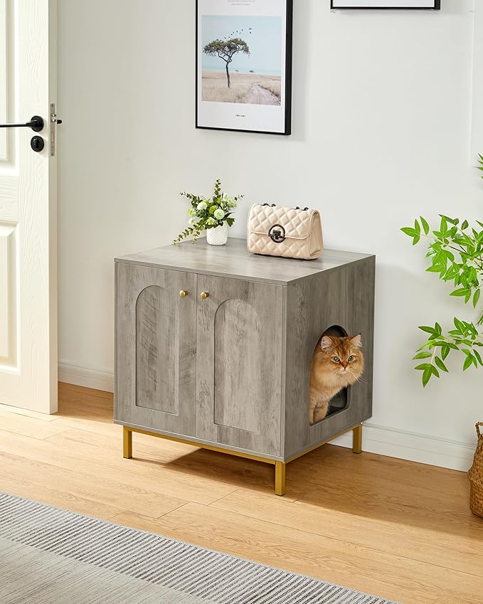 Cat Litter Box Enclosure, Hidden Litter Box Furniture, Wooden Pet House Side End Table, Storage Cabinet Bench, Fit Most Cat and Litter Box, Living Room, Bedroom, Greige and Gold CB81205G