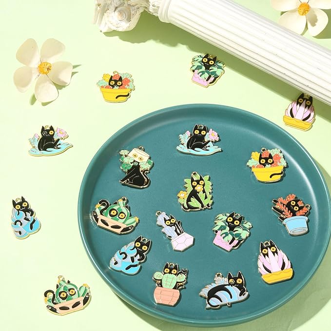 LiQunSweet 24 Pcs 12 Styles Enamel Halloween Themed Animal Charms Black Cat with Potted Plant Bonsai Succulent Cactus Charms for DIY Jewelry Making