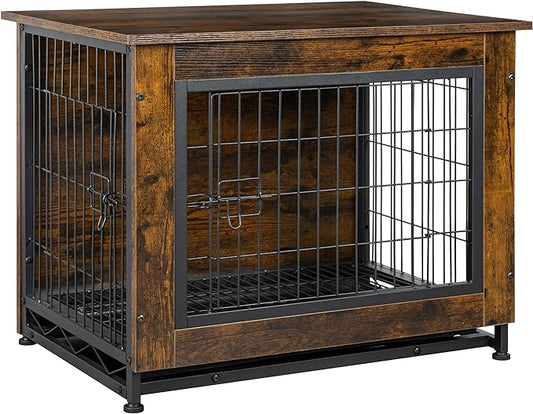 Shintenchi Wooden Dog Crate Furniture, Double-Doors Kennel Indoor with Removable Tray, End Table Dog Crate for Decoration, 32" L*22" W*25" H, Vintage Brown