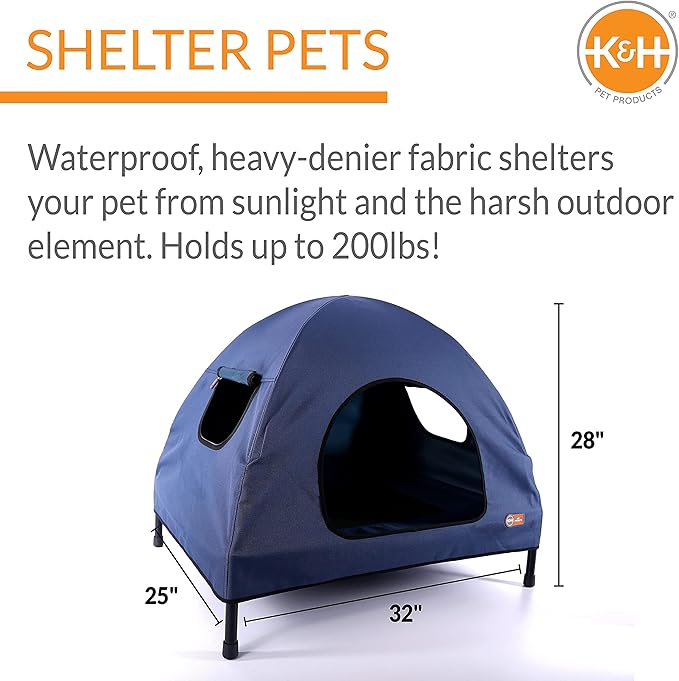 K&H Pet Products Original Pet Cot Tent, Portable Dog House, Dog Shade & Weather Shelter, Elevated Cot Dog Bed, Navy Blue, Medium 25 X 32 X 28 Inches