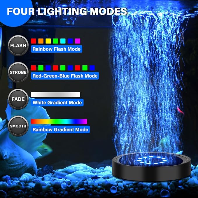 Aquarium Air Bubble Light, LED Fish Tank Bubbler Stone Disk with 11 Super Bright Lamp Beads, 16 Colors and 4 Modes Adjustable for Fish Tank Decoration Oxygenation