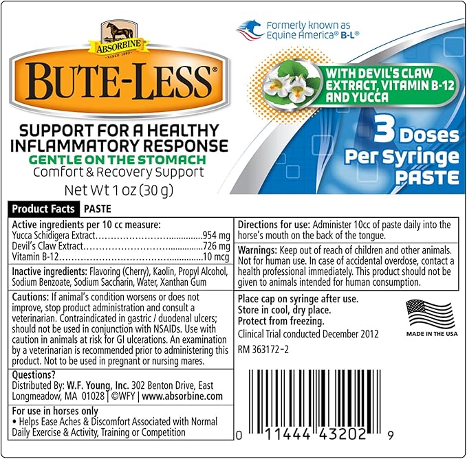 Absorbine Bute-Less Long-Term Horse Comfort & Recovery Supplement Paste, Gentle on Stomach, Devil’s Claw, Vitamin B-12, Yucca, 1oz Syringe / 3 Doses