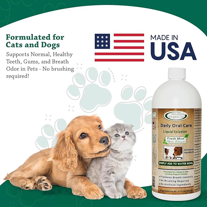 Dog and Cat Dental Water Additive 32oz Fresh Mint Flavor - Cat and Dog Breath Freshener, All Natural Pet Supplies Hard Plaque Remover, Dog Teeth Cleaning Water Drop Solutions