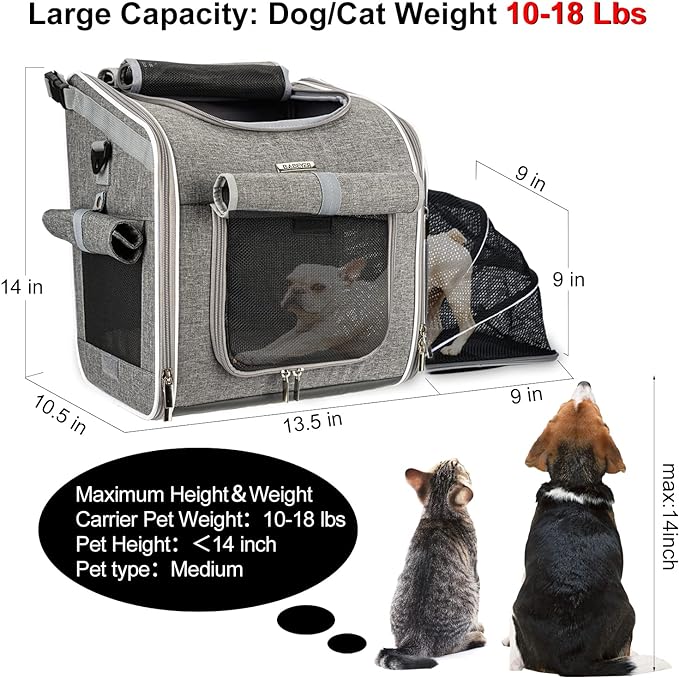 Dog Bike Basket, Expandable Soft-Sided Pet Carrier Backpack with 4 Open Doors, 4 Mesh Windows for Small Dog Cat Puppies - Grey