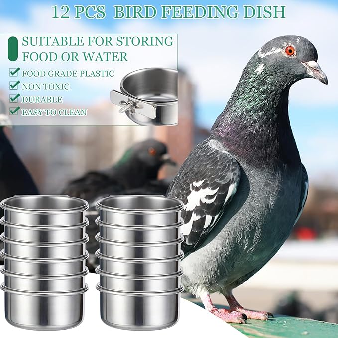 12 Pcs 10 oz Stainless Steel Bird Feeding Dish Cups Bird Feeder with Clamp Parrot Food Cups for Cage Pet Water Cage Bowls for Budgies Parakeet Cockatiel Small Animal