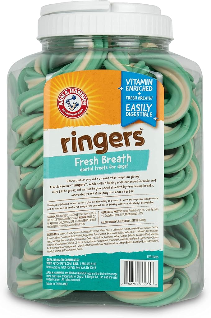 Arm & Hammer for Pets Ringers Fresh Breath Dental Treats for Dogs, Value Pack, Dental Chews Fight Bad Dog Breath, Plaque & Tartar Without Brushing Includes Baking Soda (Pack of 6, 192 Count Total)