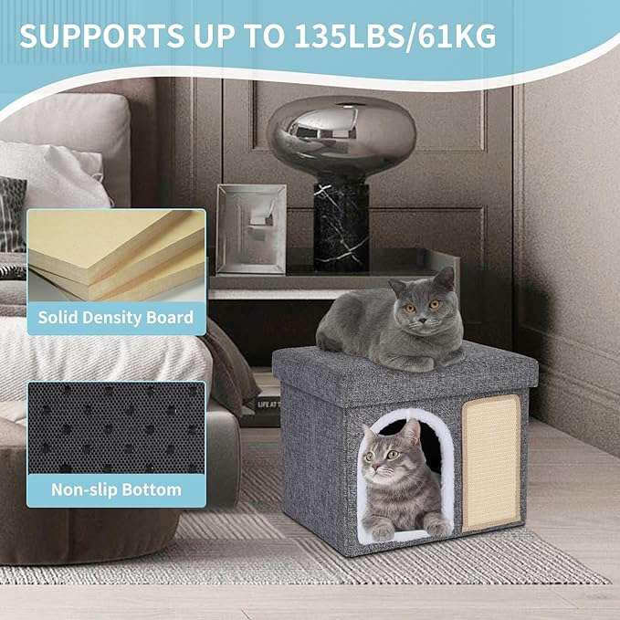 Cat Bed for Indoor Cats, Enclosed Cat Cave with Cozy Hideaway, Fluffy Hanging Ball, Cat Scratching Pad, Foldable Cat Ottoman House Hold Up to 135LBS, Cat Cube Condo for Kitten, 15" x 12.6" x 12.5"