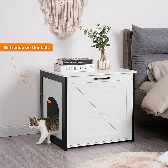 DWANTON Cat Litter Box Furniture Hidden, Cat Litter Box Enclosure, Reversible Entrance Can Be on Left or Right Side, Indoor Cat Box Cabinet, Wooden Cat Washroom, End Table, Nightstand, White