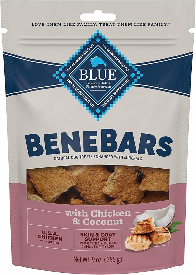 Blue Buffalo Benebars Natural Dog Treats, Skin and Coat Support, Chicken and Coconut, 9oz Bag