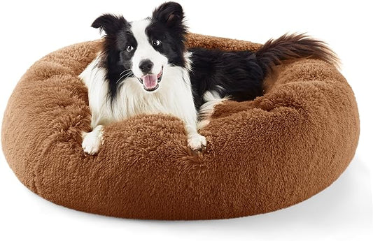 Bedsure Calming Dog Bed for Large Dogs - Donut Washable Large Pet Bed, 36 inches Anti-Slip Round Fluffy Plush Faux Fur Dog Bed, Fits up to 100 lbs Pets, Caramel