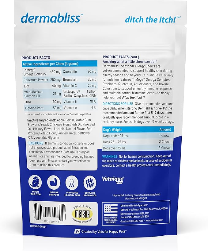 Vetnique Dermabliss Dog Allergy Relief & Immune Support Supplement Allergy Chews for Dogs Itching and Licking with Omega 3 Fish Oil & Probiotics for Itch Relief - Vet Recommended (30ct Chews)